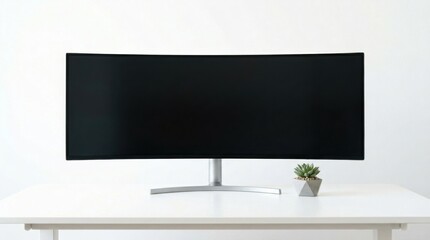 Fototapeta premium Curved computer monitor with a sleek design placed on a modern white desk, featuring a small potted plant in a geometric planter beside it