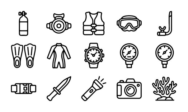Scuba Diving Gear Icons Set, Underwater Equipment Vector Collection, Ocean Adventure Symbols