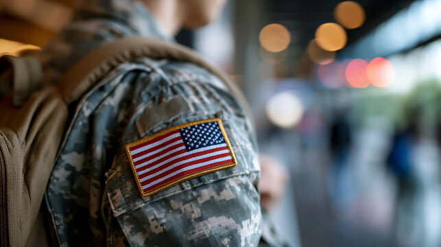 Defocused close-up of faceless American flag on uniform of soldier carrying kitbag returning home on leave, soft focus patriotic detail, military insignia, blurred background,