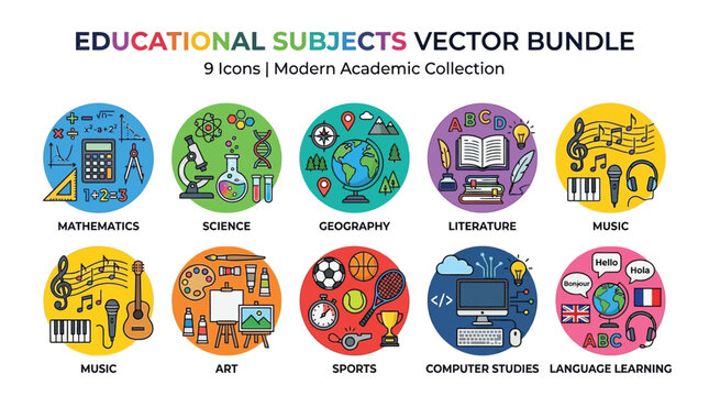 Back to School Educational Subjects Icons Bundle Mathematics, Science, Geography, Literature, Music, Art, Sports, Computer Studies, Language Learning