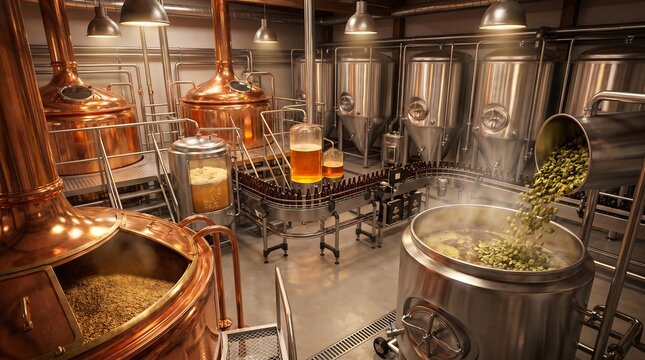 3D render of craft brewery interior with copper brewing vessels, stainless steel tanks, mash tun, brew kettle, fermentation tanks and bottling line in warm industrial lighting