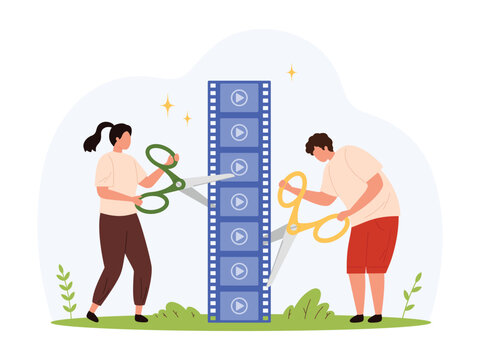 Two people cutting a film strip with scissors to edit video content, representing collaboration, post production, montage, and media workflow, isolated on white background vector illustration