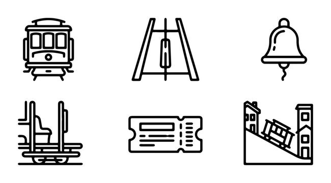 Funicular Icons, Cable Car Set, Vintage Tram, Steep Hill Transport, Bell, Ticket, Vector Graphics