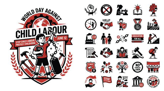 World Day Against Child Labour vector icons, stop child labor social awareness poster, 25 human rights elements for June 12 campaign