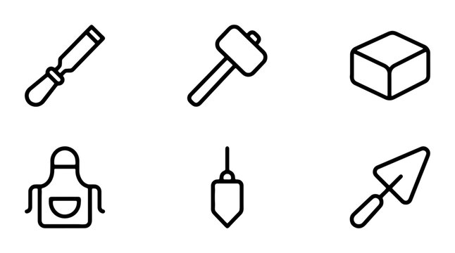 Construction Tools Icons Set: Chisel, Mallet, Brick, Apron, Plumb Bob, Trowel Vector Graphics