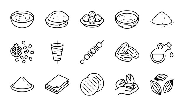 Middle Eastern Food Icons: Hummus, Shawarma, Dates, Pomegranate, Olive Oil Vector Set