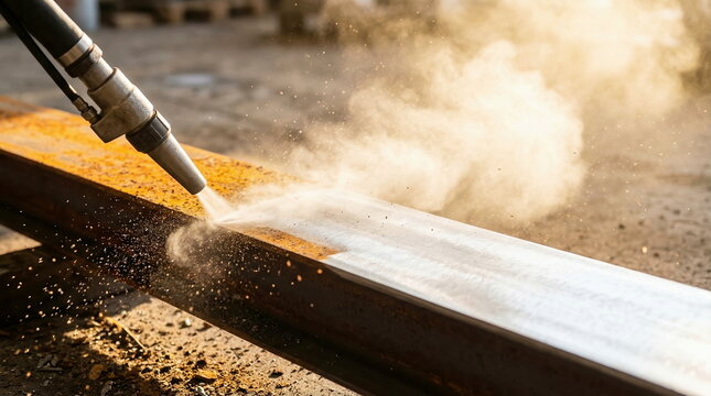 Sandblasting surface preparation removing rust from steel beam in industrial environment, metal restoration and construction maintenance.