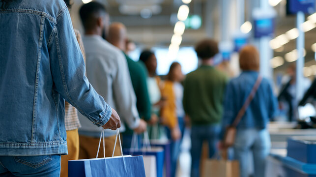 Faceless group of retail customers waiting in line at checkout counter, point-of-sale queue, retail transaction, customer flow, with copy space