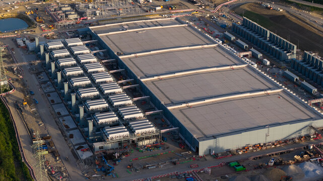 Aerial view of the Charleroi SAM 3A data center facility with cooling units and industrial infrastructure in Farciennes, Region wallonne, Belgium.