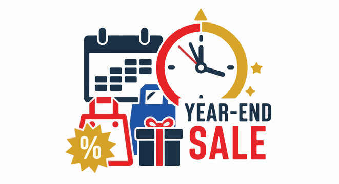 Festive graphic icons depict calendar, clock, gift, and shopping bags for year-end sale