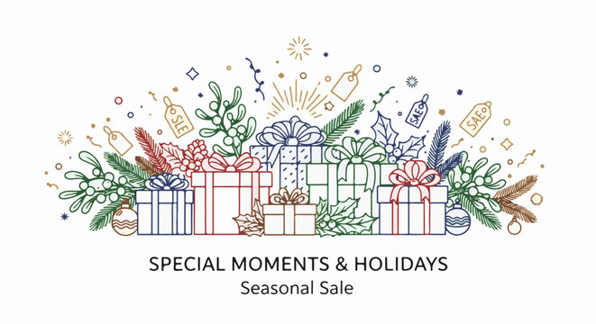Festive gifts and decorations mark a seasonal sale event