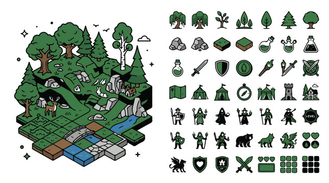 Isometric fantasy game assets, 42 RPG map icons and forest landscape vector, medieval adventure world building elements