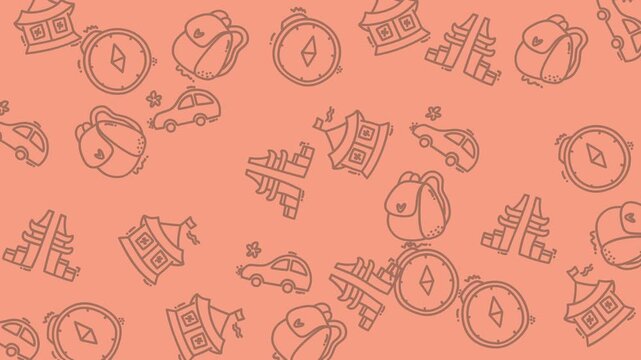 Backpacks, compasses, cars, temple gates pattern line art on orange background travel icons. Suitable for travelthemed designs and products.