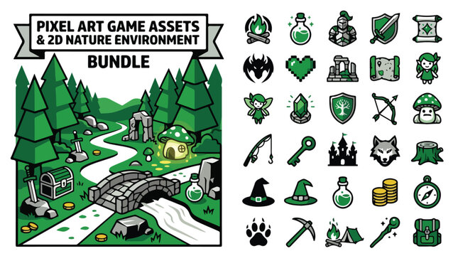 Pixel art game assets and 2D nature environment bundle, fantasy RPG icons and forest landscape vector, green adventure game UI elements