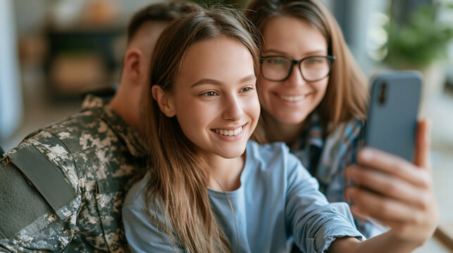 Faceless injured American soldier wearing uniform in wheelchair posing for selfie and pulling faces on phone with daughter, playful moment, technology bonding, slow motion shot,