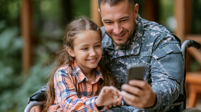 Faceless injured American soldier wearing uniform in wheelchair posing for selfie and pulling faces on phone with daughter, playful moment, technology bonding, slow motion shot,
