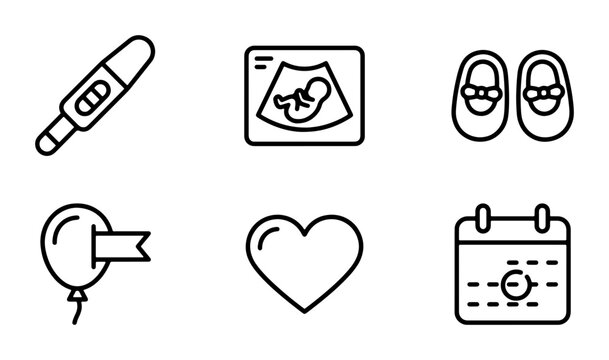 Pregnancy Icons: Ultrasound, Baby Shoes, Heart, Calendar, Balloon, Test Kit, Vector Graphics