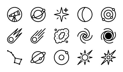 Cosmic Icons Set: Space, Planets, Stars, Galaxies, Astronomy Vector Graphics © Naimur