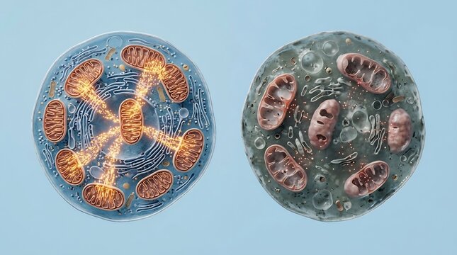 3D medical illustration showing a comparison between healthy active mitochondria and damaged dysfunctional mitochondria within cells