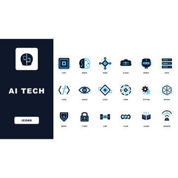 Ai tech icons set including chip brain node cloud robot data code vision logic core system matrix smart cyber link flow learn sensor