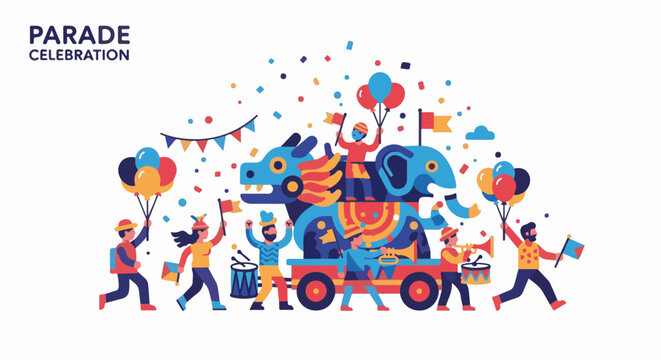 Festive parade features colorful floats, people, and a dragon-like creature