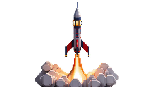 Pixel art rocket launching with smoke and fire