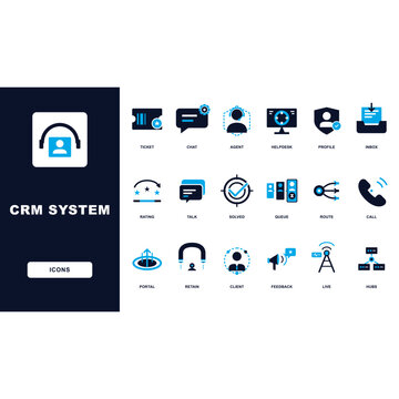 Crm system icons set customer relationship management symbols business workflow and communication tools