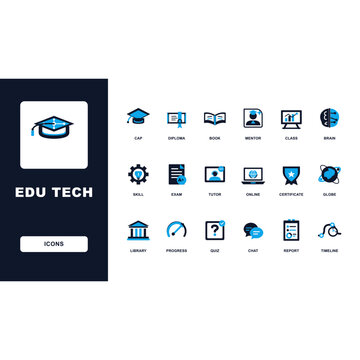 Edu tech icons set for education technology learning and online courses featuring graduation cap diploma book mentor class skill exam tutor online certificate globe library progress quiz chat report