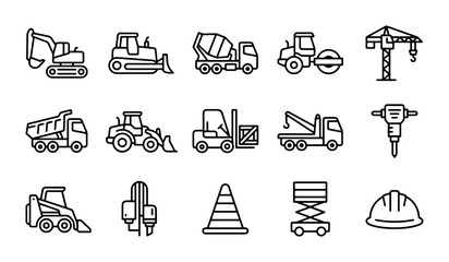 Construction Equipment Icons Set: Heavy Machinery, Vehicles, Tools, Safety Gear Vector Graphics © Naimur