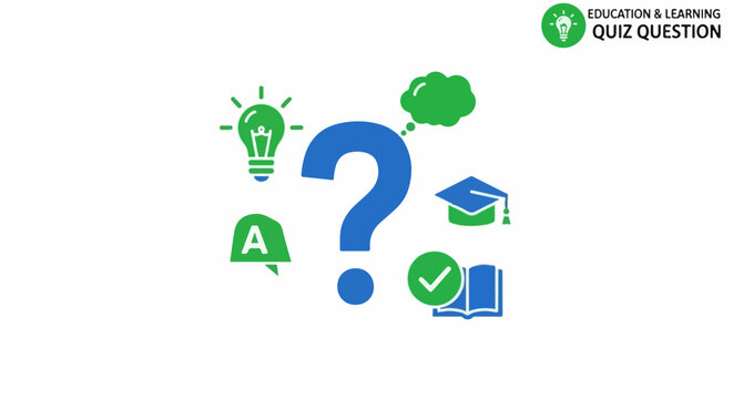 Educational quiz icons surrounding a large question mark with lightbulb, cap, book, and thought bubble