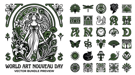 Art Nouveau vector bundle for World Art Nouveau Day, vintage floral goddess illustration, antique decorative icons and ornaments set © image stock