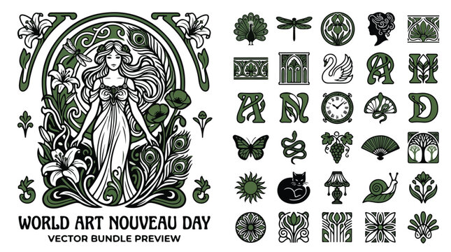 Art Nouveau vector bundle for World Art Nouveau Day, vintage floral goddess illustration, antique decorative icons and ornaments set