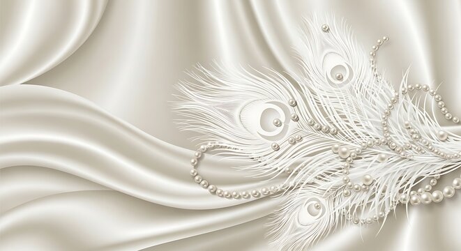Elegant white peacock feathers with pearls on a soft silk background