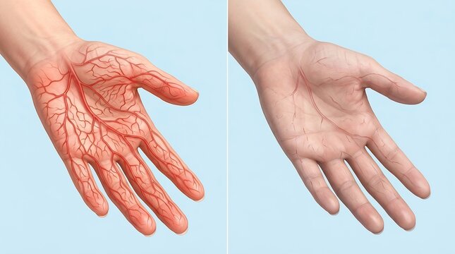 Comparison of blood circulation in human hand palms showing healthy blood flow and poor capillary circulation