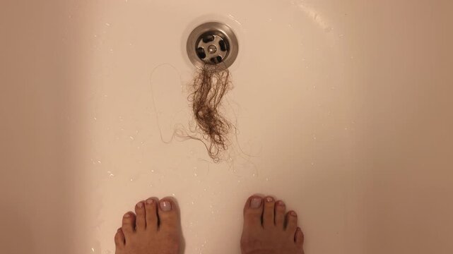 Woman leaves a lot of loss hair in a water drain hole after shower. Closeup feet with water drain