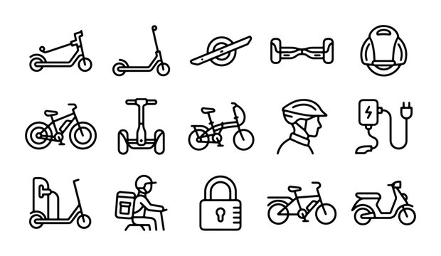 Electric Scooter, Bike, and Personal Transport Icons: Modern Mobility Line Art Collection