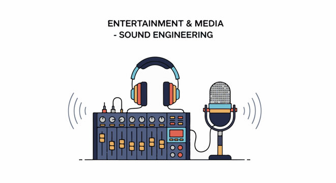 Digital illustration of a sound mixing board, headphones, and microphone