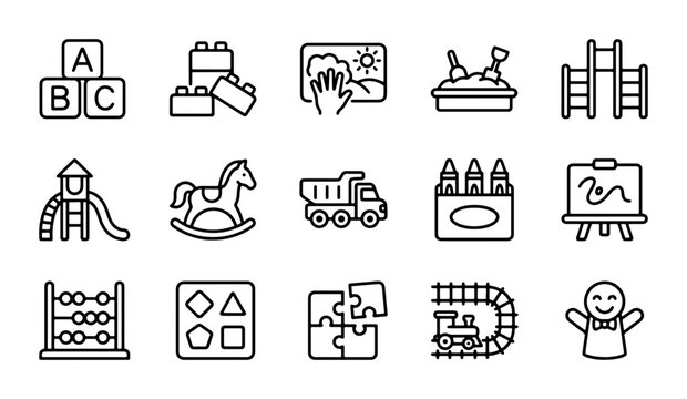 Children's Toy Icons Set, Playtime Graphics, Educational Elements, Kindergarten Graphics, Vector Art