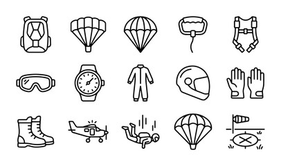 Skydiving Gear Icons, Parachute Equipment Set, Extreme Sports Vector Symbols, Adventure Travel © Omar