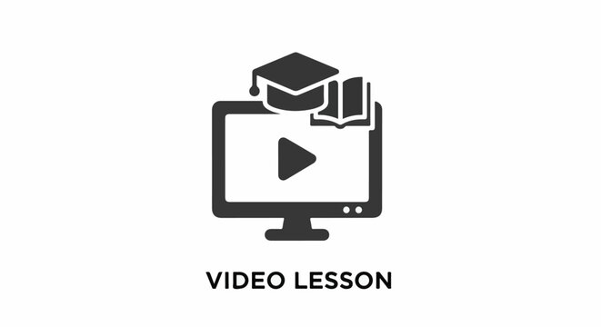 Digital education icon shows monitor, play button, graduation cap, open book