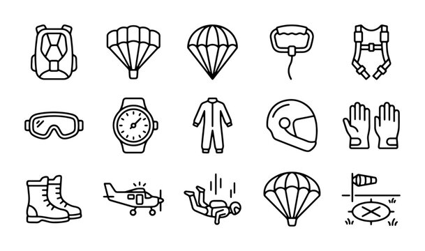 Skydiving Gear Icons, Parachute Equipment Set, Extreme Sports Vector Symbols, Adventure Travel