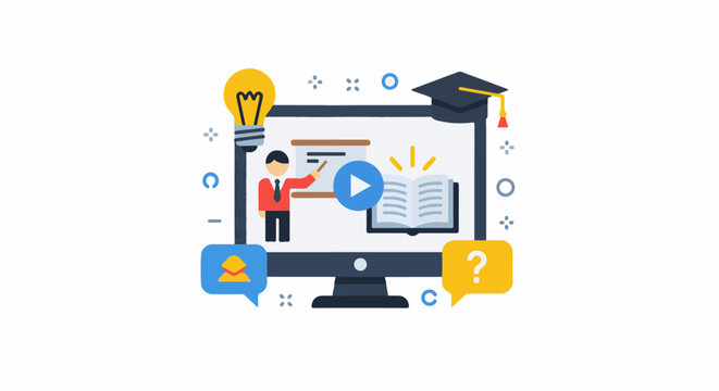 Digital education computer with teacher, book, light bulb, and graduation cap