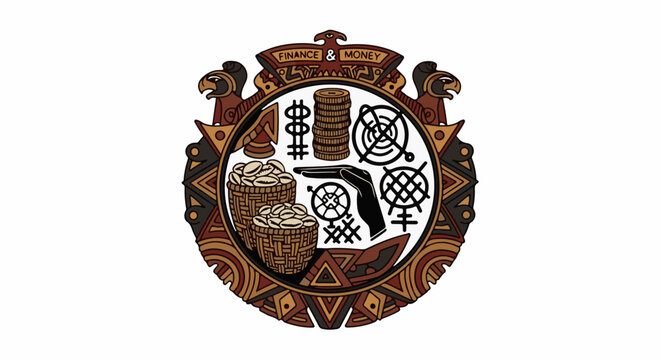 Emblema com s&iacute;mbolo de finan&ccedil;as, cestas com moedas, e arte tribal