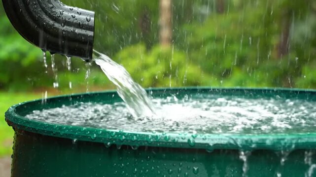Rainwater pouring from a gutter downspout into a green rain barrel during a storm in a lush garden