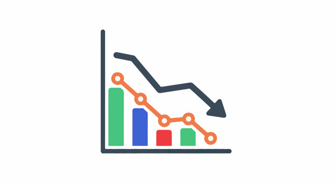 Downward trending bar and line graph with an arrow