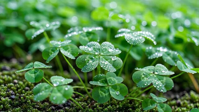 Rare four leaf clover among green clovers covered in fresh morning dew droplets in a lush garden