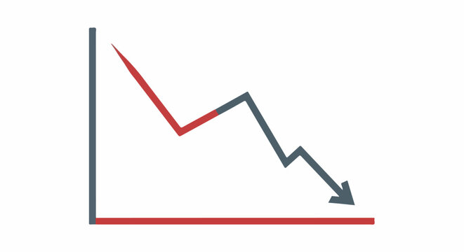 Downward trending graph with red and gray lines and an arrow