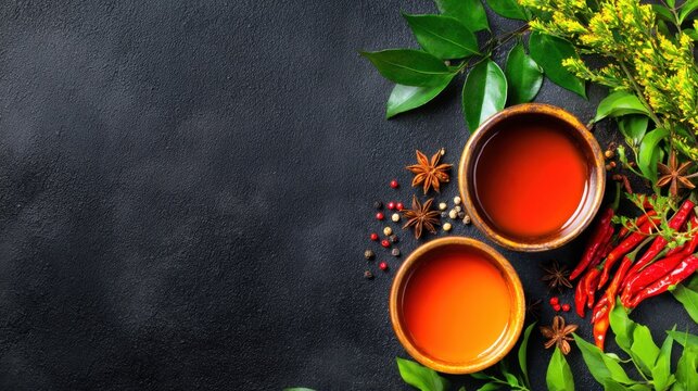 A vibrant layout featuring two bowls of tea surrounded by aromatic spices and fresh greenery