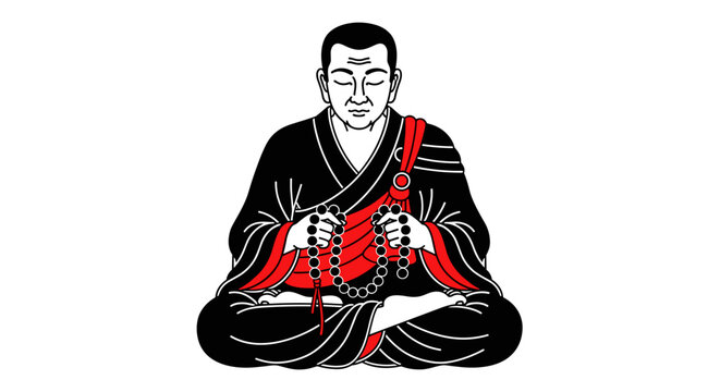 Buddhist monk meditating with prayer beads in traditional robes.
