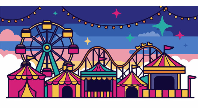 Colorful amusement park at night with rides and tents under starry sky